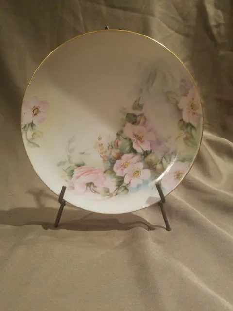 Antique MZ Austria Hand Painted Porcelain Floral Plates Gold Trim PINK ROSES
