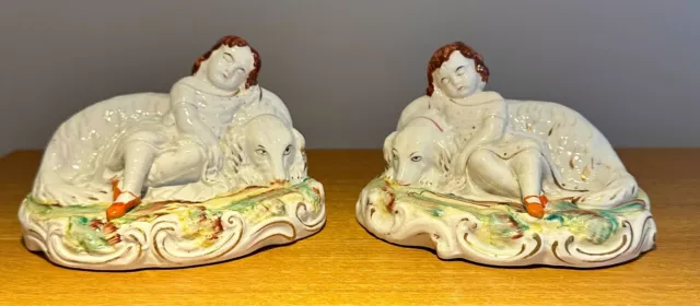 Super Antique Staffordshire Figures Of Sleeping Children & Recumbent Dogs c1860