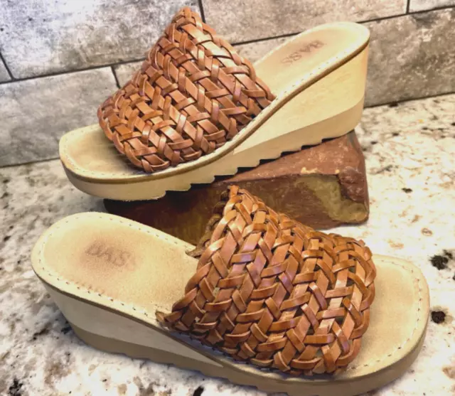 VTG 1980s 1990s BASS Woven Braided Tan Mule Slide Sandals Rubber Wood Wedge 7 ~8