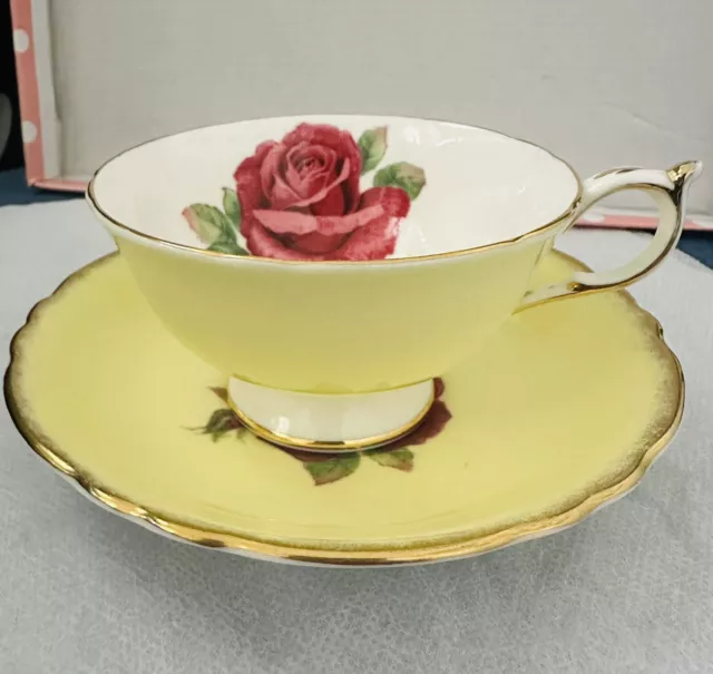Paragon Double Warrant Teacup Saucer Yellow Pink Cabbage Rose Signed R Johnson