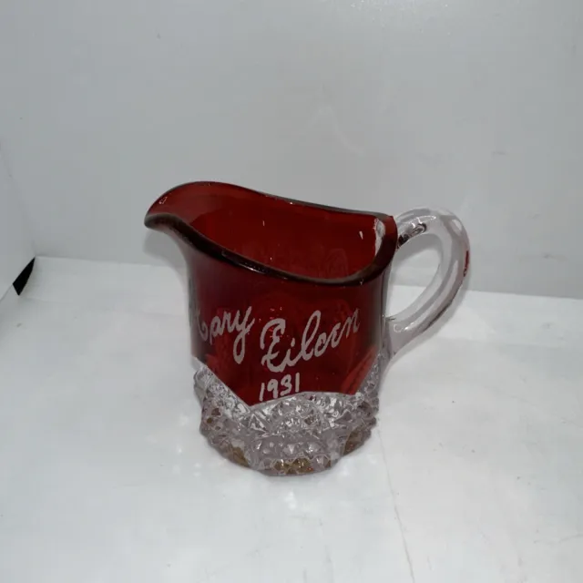 Antique RUBY RED FLASH GLASS SOUVENIR CREAMER PITCHER 1931 “Mary Eileen.”