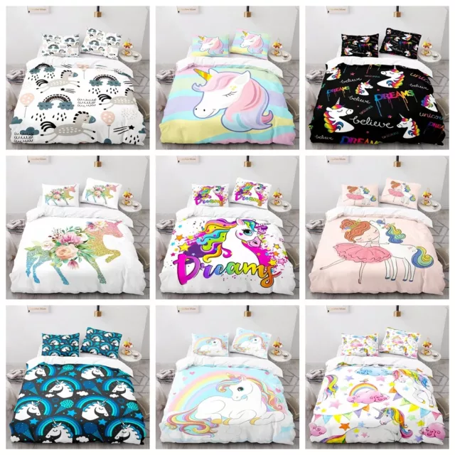 Dreams Colorful Unicorns Rainbow Floral Princess Doona Duvet Quilt Cover Bed Set