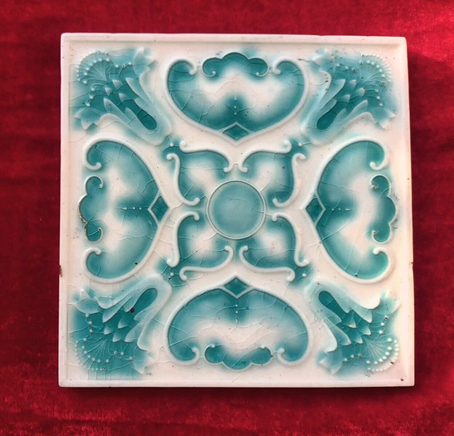 2 Piece Art Deco Flower Design Embossed Majolica Ceramic Tiles Japan 0290 4