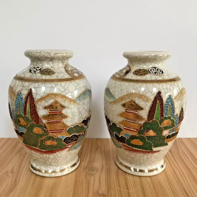 Japanese Crackle Glaze Vases x 2 Hand Painted Gilt Detail Vintage Oriental 20cm