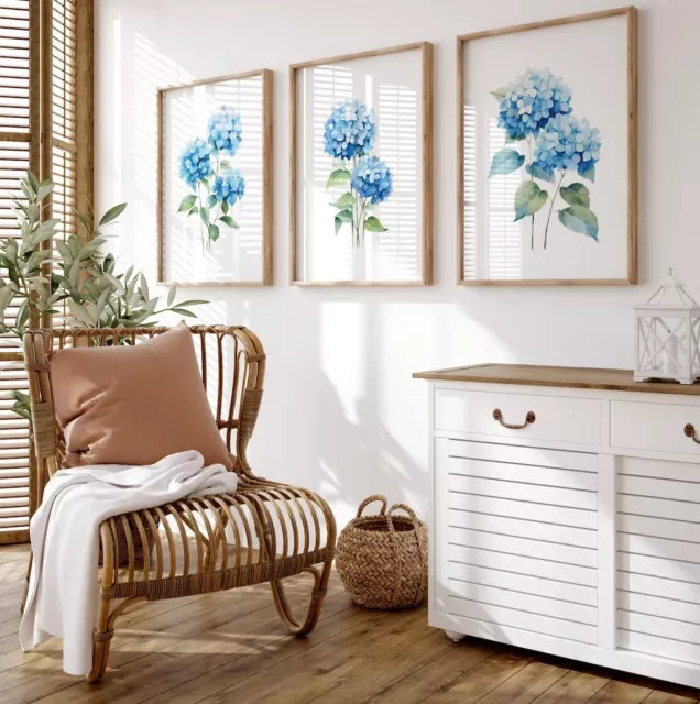 Set of 3 Botanical Floral Wall Art, Blue Watercolor Poster, Hydrangea Wall Art