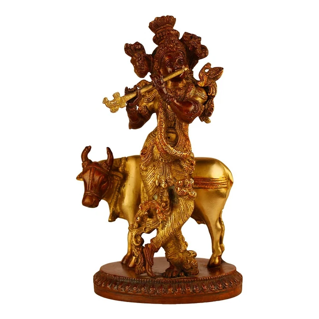 House Of Wemy Gold-Polished Lord Krishna Hands Idol with Flute and Pecock Feather - Black