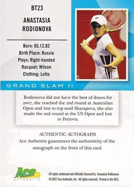 2007 Limited Authentic Anastasia Radionova Acp Signed #Bt-23 Tennis Card 2