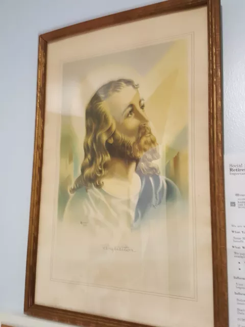 Jesus Praying "Inspiration" VTG Litho 1942 SPCo McConnell Large 21" X 14" Framed