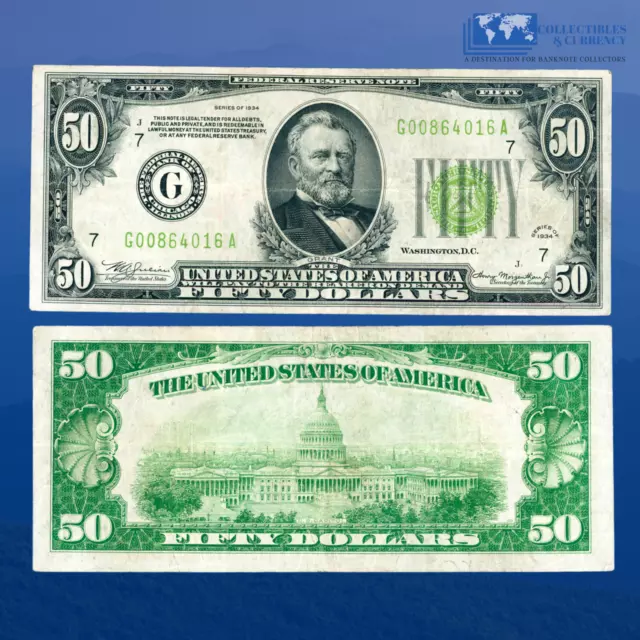 1934 $50 Federal Reserve Note Chicago, Lime Green Seal, VF #64016