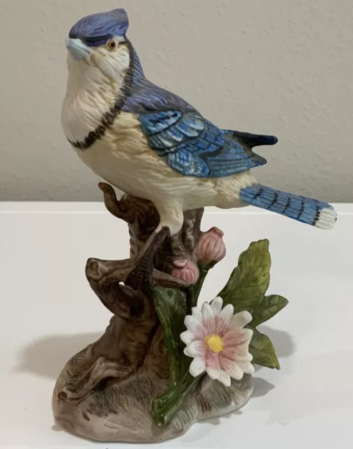 Vtg HOMCO 1445 Porcelain Bisque Blue Jay Bird Detailed Floral Botanical Figurine