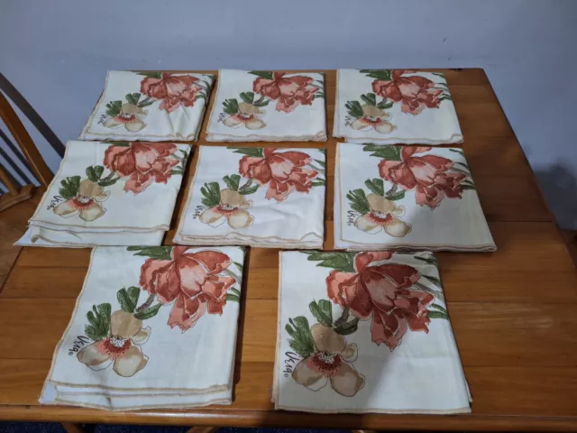 8 Signed Vintage Vera Neumann Napkins Cream Linen Floral Matching Set