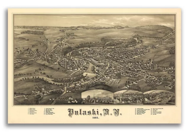 1885 Pulaski New York Vintage Old Panoramic NY City Map - 20x30