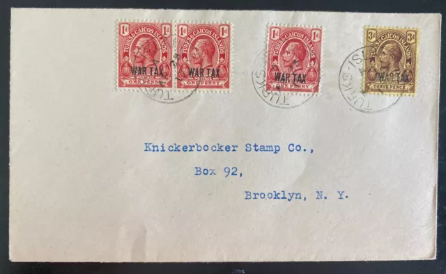 1917 Turks & Caicos Island War Tax Stamp Cover To Brooklyn NY Usa