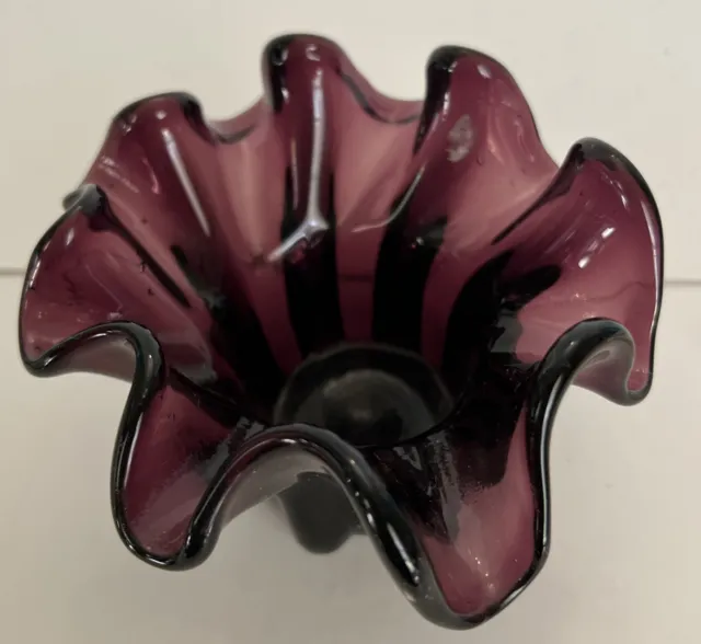 Vintage Amethyst Purple Hand Blown Ruffled Art Glass Bowl Trinket Dish