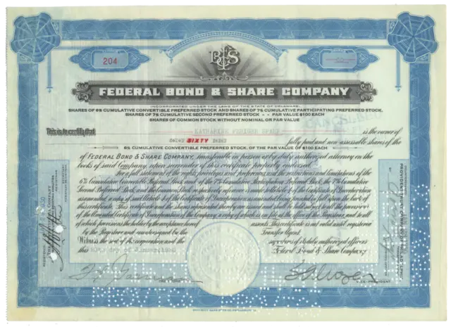 Federal Bond & Share Company Stock Certificate