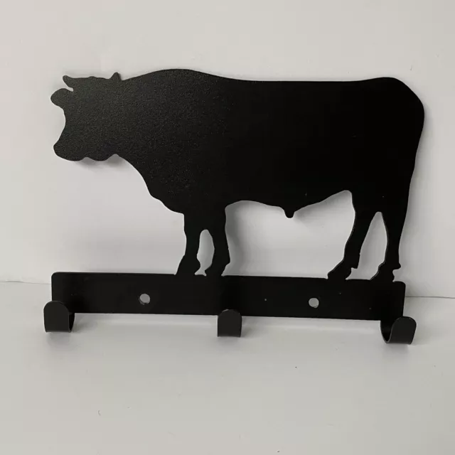 Cow  3 Hook Wall Mount Black Metal 8” Long Key Holder Cost Rack Farmhouse Farm