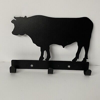 Vaca 3 ganchos montaje en pared negro metal 8"" largo llavero estante de costo granja granja granja granja