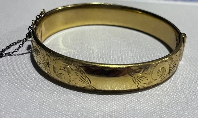 9ct Gold Metal Cored Bangle 20 Microns Vintage  Engraved Accessory Gift Art