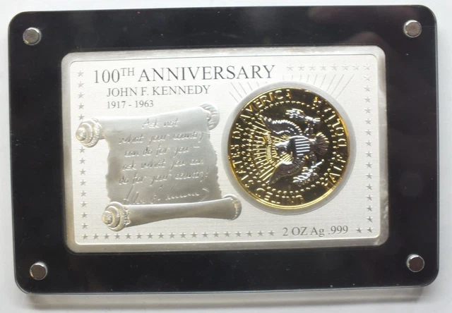 1オンス .999 銀貨 - JFK ジョン・F・ケネディ生誕100周年記念 1964 JOHN F Kennedy Half Dollar Gold Gilt + Art Bar 999