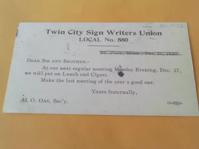 Rare 1920 Postcard Twin City Sign Writers (Painters) Union W/ Cigars Minneapolis