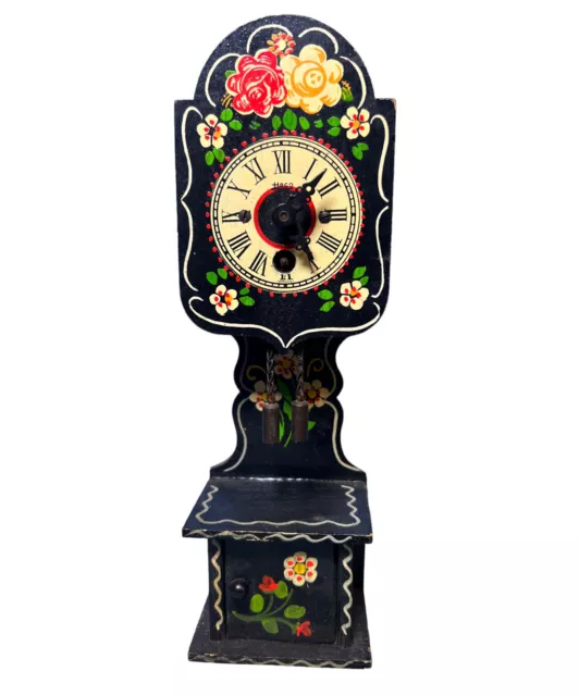 Miniature Grandfather Clock Heco Germany Wood Hand Painted Black Henry Koehler