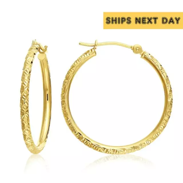 14K Real Solid Gold 1" Large Hand Engraved Diamond-Cut Hoop Earrings Lightweight