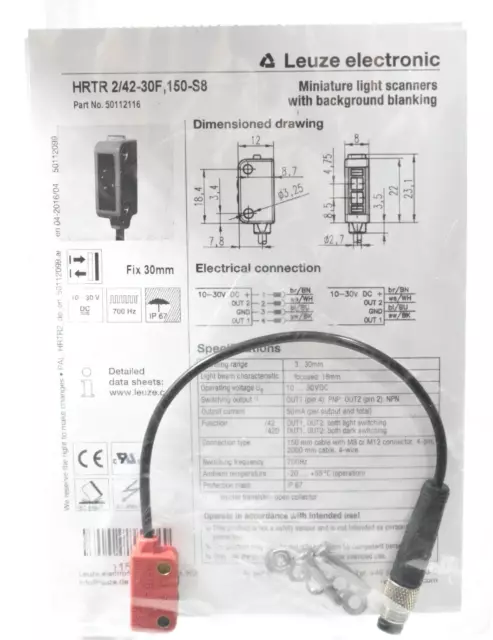 Leuze HRTR 2/42-30F,150-S8 Diffuse Sensor with Background Suppression 50112116