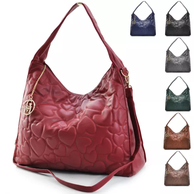 Bolso de Mujer GM Grande Piel Asimétrico Saco Hobo Bandolera Acolchado Corazones