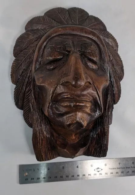 Hand Carved Wood Indian Head Chief Tobacco Store Cigar Shop Sculpture 10" X 8"