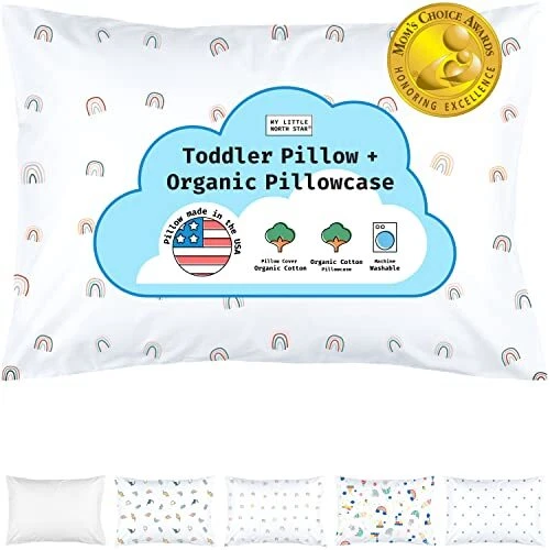 Toddler Pillow with Pillowcase - 13x18 Soft Organic Cotton Toddler Rainbow