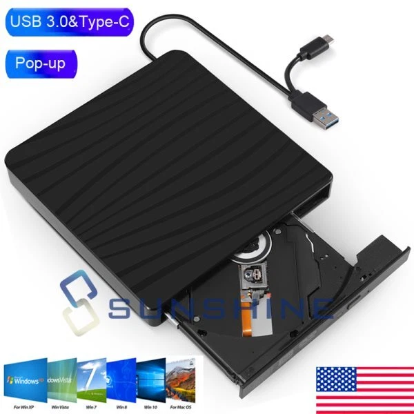 USB 3.0 DISC Player External DVD CD Rewrite Burner Pop-up Type-C Drive ...