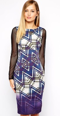 New Karen Millen zig zag print purple bodycon fitted dress UK 10 12 14 16