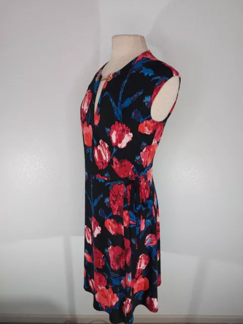 Ivanka Trump Womens Dress Small Petite Black Blue Red Floral V Neck Gold Bar 2