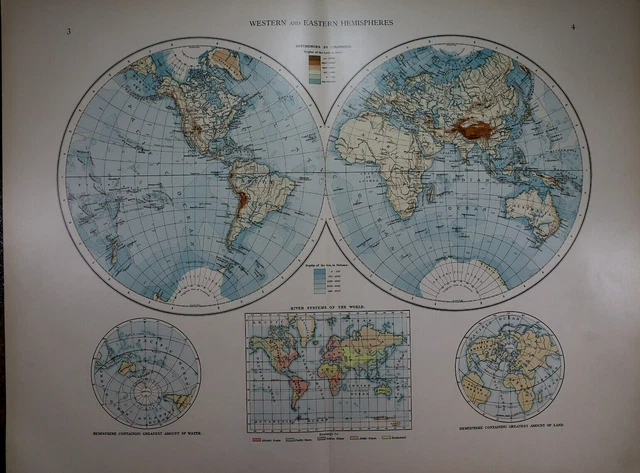 Old (XLG17x22) 1905 Time's Atlas Map ~ EAST & WEST HEMISPHERES  ~ Free S&H