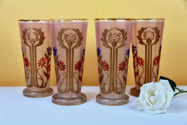 XIXe 4 Verres Givrés Émaillés & Dorés Art Nouveau décor Floral style LEGRAS ART