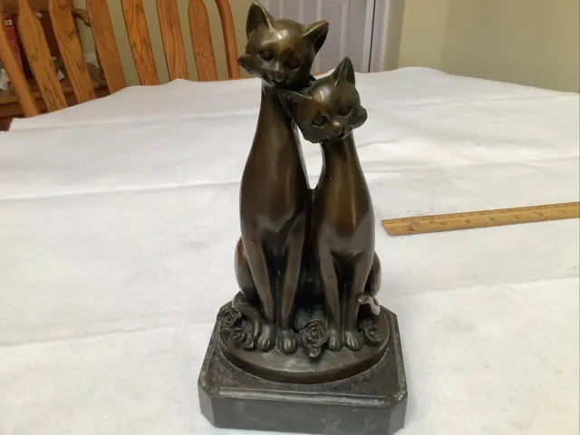 Pair of Slender Siamese Cats ,Kittens .Bronze & Marble Sculpture Figure 9" x 5"