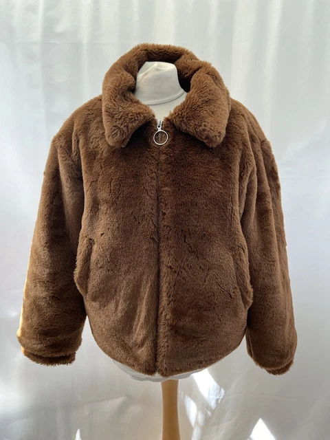 FAUX FUR JACKET Me Jane Size S Brown Long Sleeve Zip Up High Neck Polyester 11.19 PicClick UK