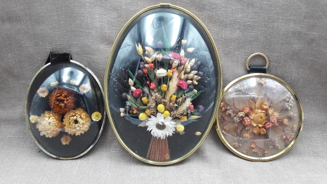 Pendentif Médaillon Vintage Avec Fleurs Séchées - Verre Bombé Sur Cordon - Multicolore - Fabriqué En France