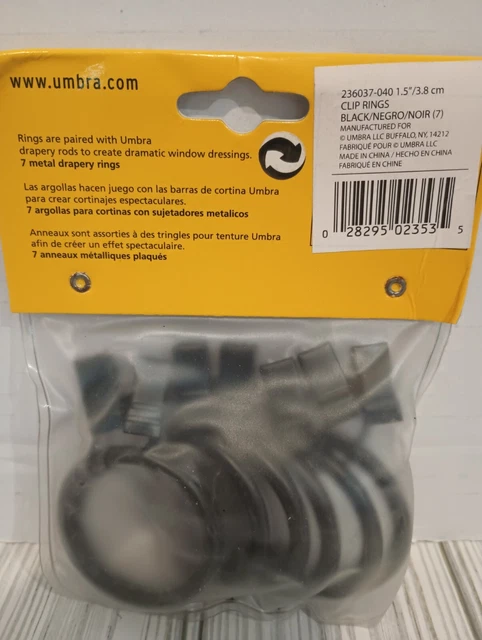 Umbra 1.5" Clip Drapery Rings Black Set of 7 2