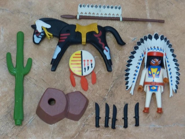 Set PLAYMOBIL Vintage Western Indiens 1985 - Sorcier, Tambour, Bouclier, Canoë - Réf. 3328