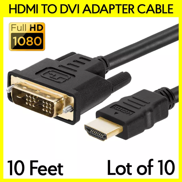 Paquete de 10 Adaptadores de Cable DVI a HDMI 10 Pies Conector Convertidor Cable Monitor TV PC