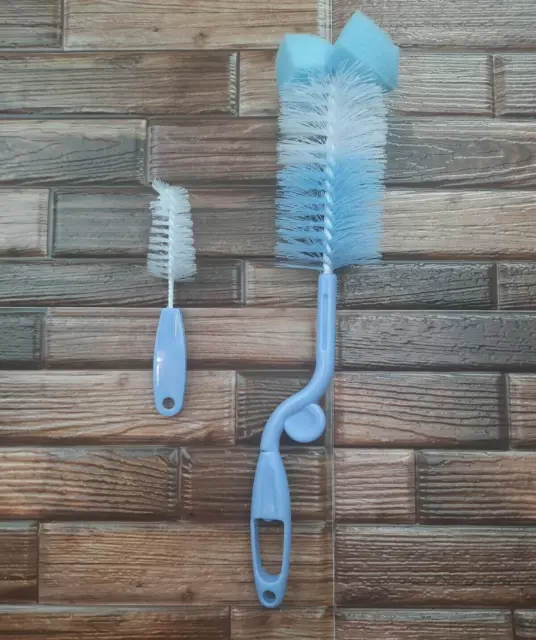 Blue Baby Bottle Brush 2pc Swiveling Action Nipple Cleaning Dishwasher Safe