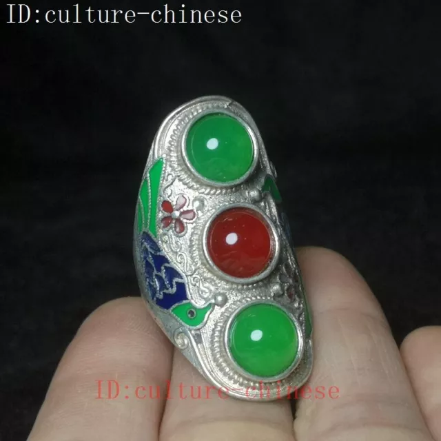 Old Chinese Tibet Silver carving bird inlay Jade Ring Decoration Gift Collection