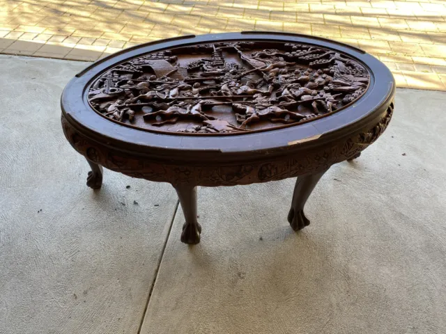 1960 Deep Engraved Chinese Coffee Table With 6 Stools