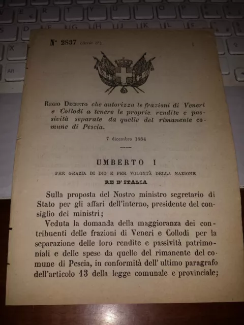 REGIO DECRETO 1884 AUT FRAZ VENERI e COLLODI TENERE RENDITE E PASSIV SEP PESCIA