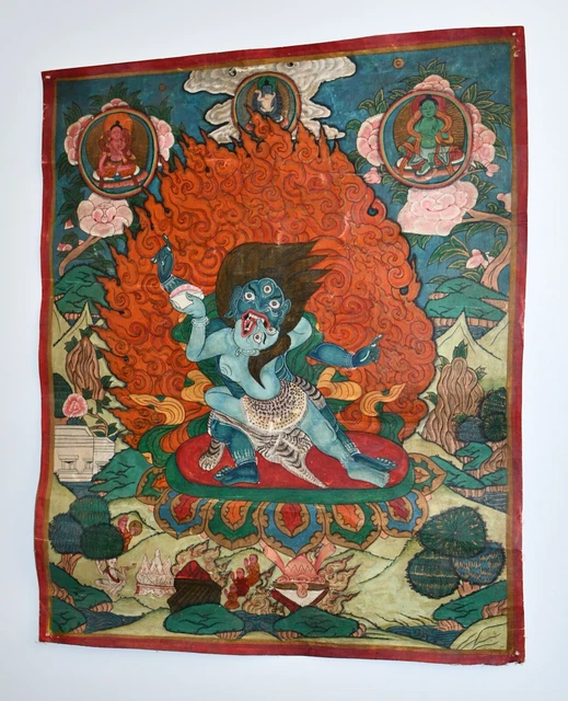 Antique Buddhist Oil Painting / Thangka on Canvas Cotton Cloth from Nepal