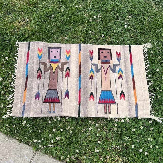 Vintage Yei Navajo Woven Wool Rug Wall Hanging - Native American art - 40"x23"