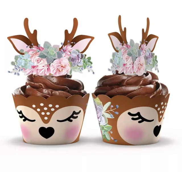 Woodland Baby Shower Cupcake Wrappers & Toppers - Set Of 24  - Woodland Deer NEW