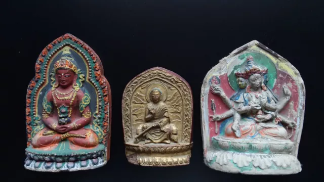 3x Tibetan molded Clay/Terracotta "Tsha Tsha" "Tsa Tsa"-  Qianlong Mark & Period