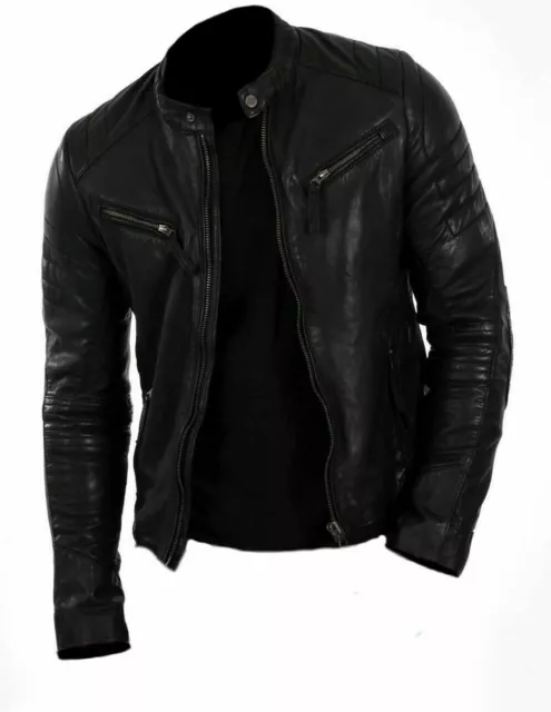 Men Genuine Lambskin Leather Premium Durable Stylish Biker Black Coat Jacket